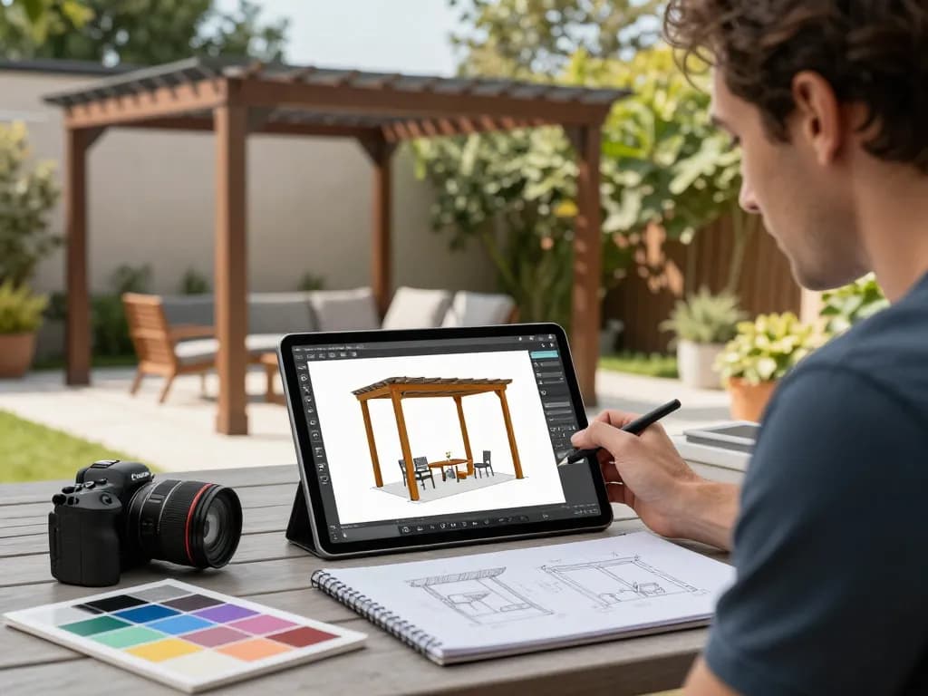 Interactive configuratore 3D per pergole showcasing customizable designs in a sunny outdoor setting.