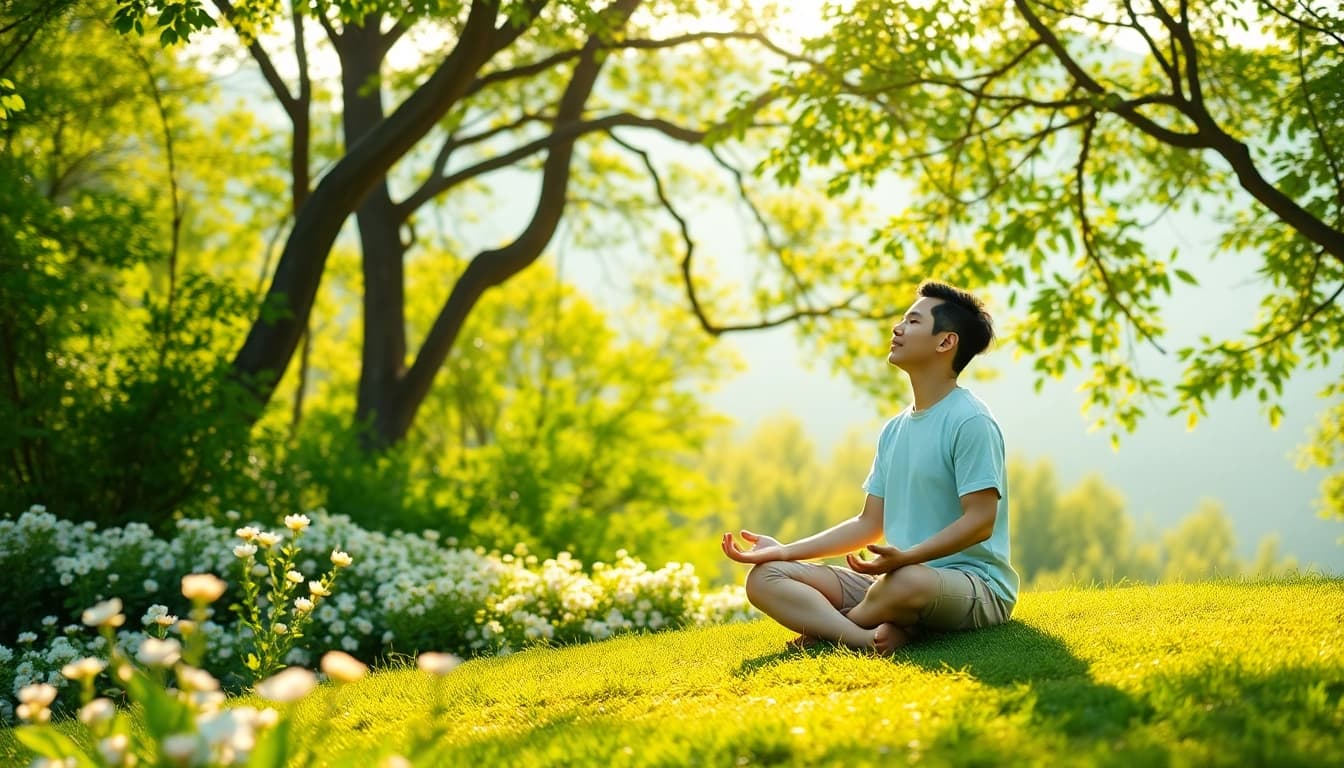 Serene scene depicting stress and anxiety relief through mindfulness meditation in nature.