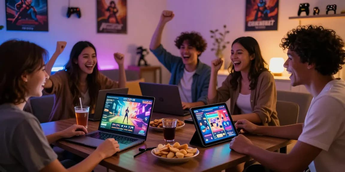 Engaging players enjoying free hentai games on devices in a lively living room setting.
