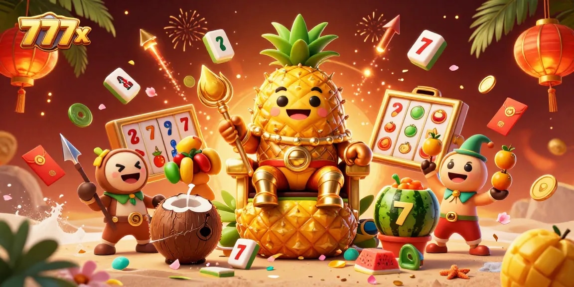 Engage with 777x casino action, featuring vibrant golden pineapple king amidst slot games and festive elements.