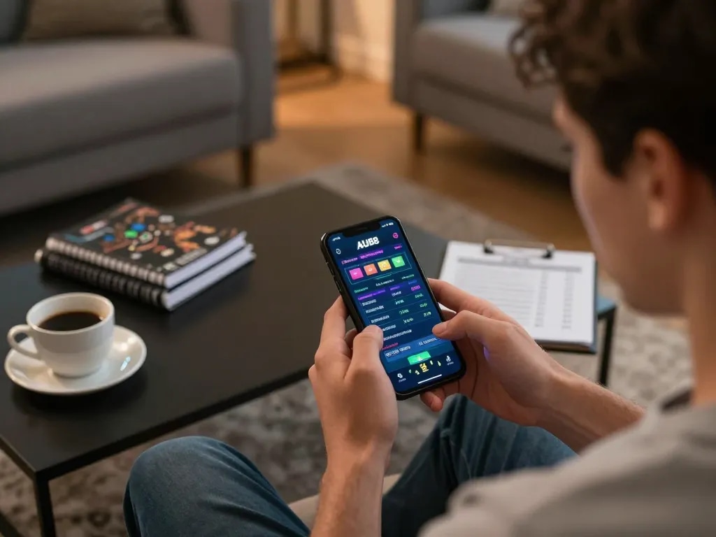 Player engaged in online gambling using the trang chủ au88 app on a smartphone during a cozy home session.