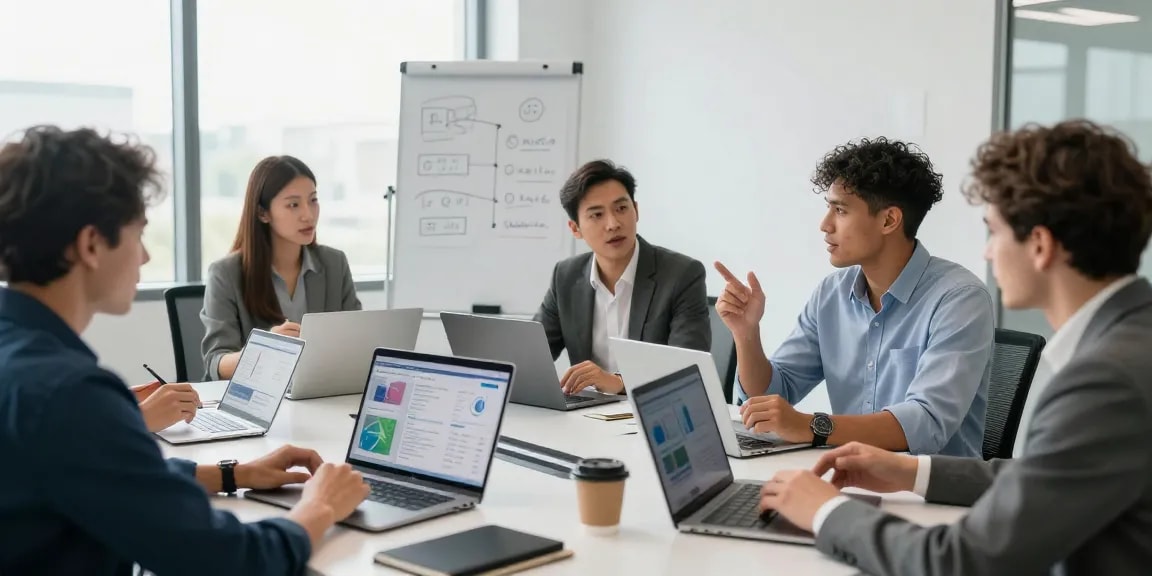 Team collaborating on small business IT support services in a modern office.