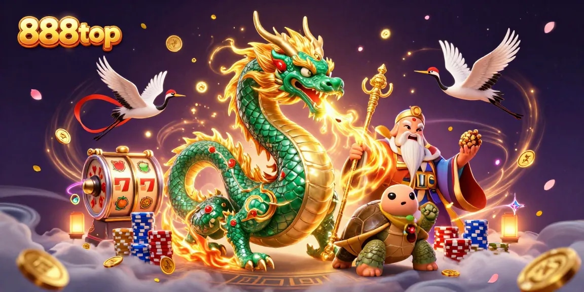 Experience thrilling gameplay with 888top's magical dragon and vibrant casino elements.
