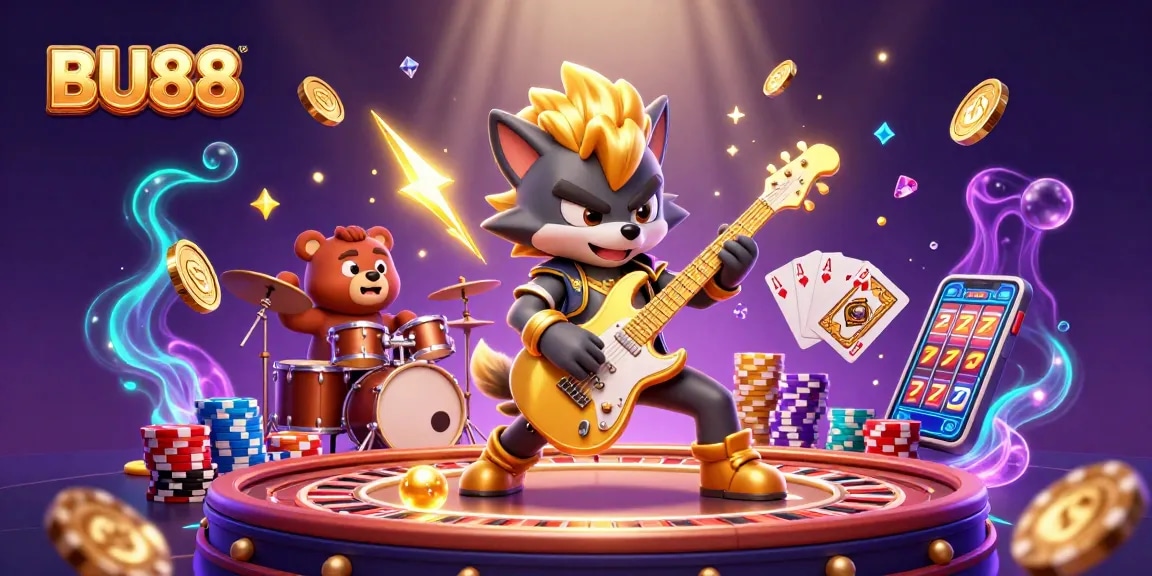 Rock star wolf plays guitar on stage at BU88 casino, surrounded by colorful gaming elements.