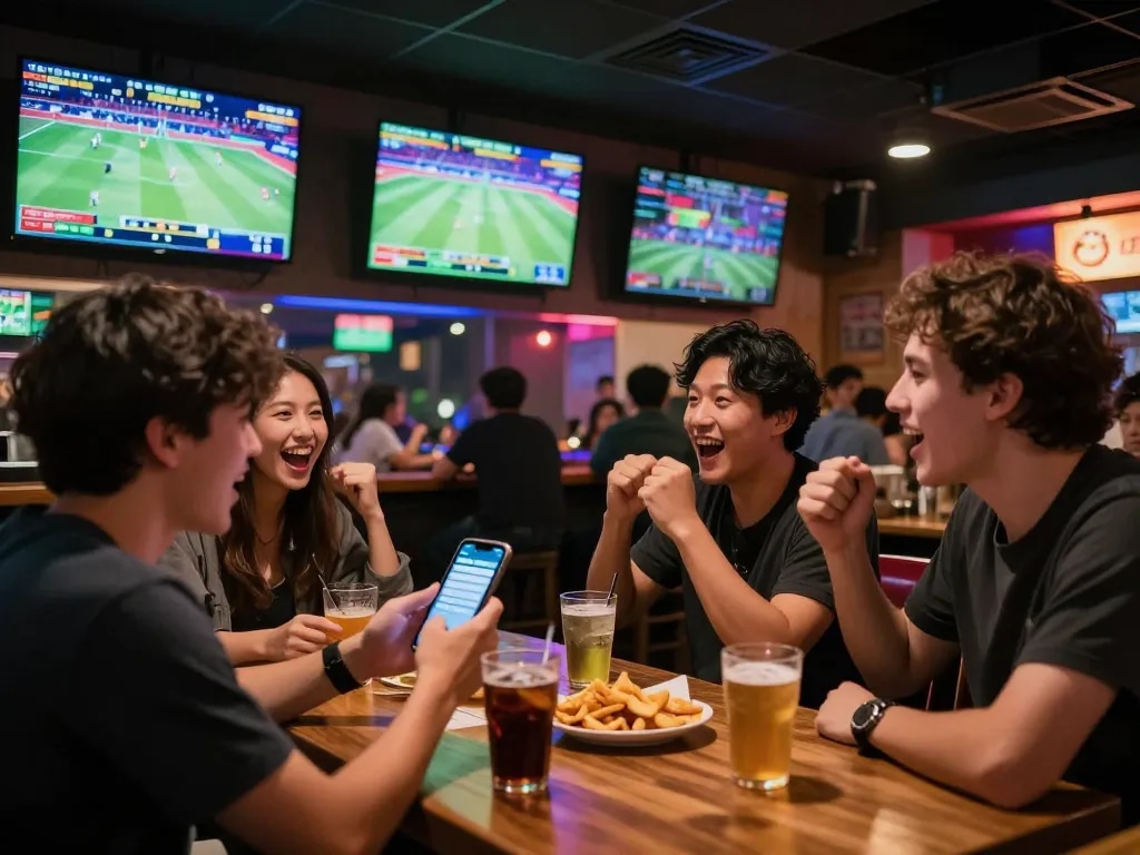 Tỷ lệ kèo trực tuyến showcased on smartphone amidst enthusiastic sports betting scene in lively bar.