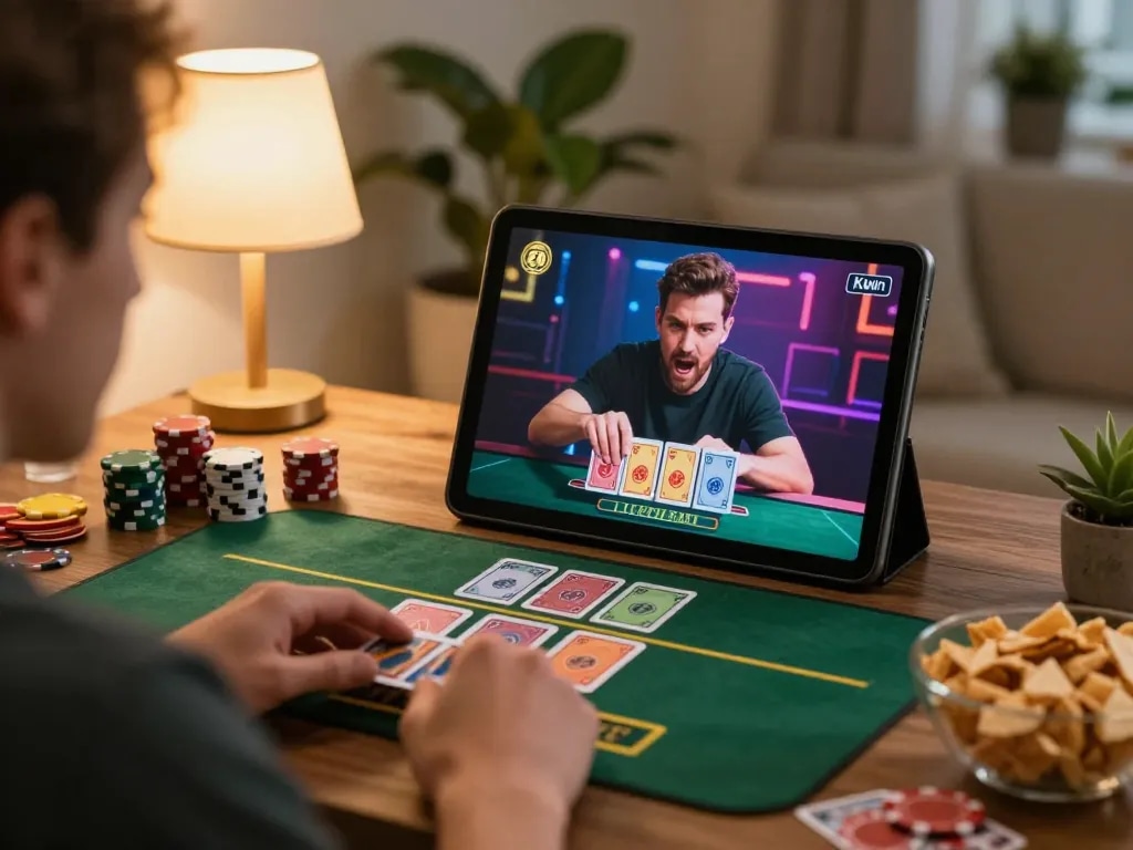 kuwin đăng nhập on a tablet during an online casino game in cozy home setting.