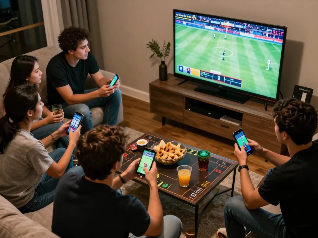 Friends celebrating while placing bets on F8 BET during a live sports game in a cozy home setting.