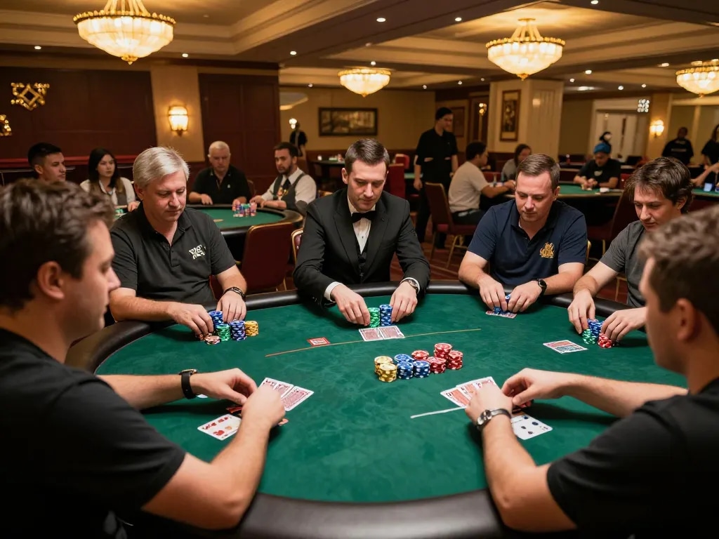 Players engaged in intense poker gameplay at 33win casino, showcasing strategic bets and luxury atmosphere