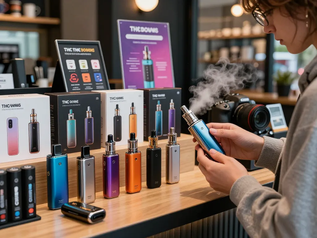 Esplora i migliori vaporizzatori THC 2026 in un ambiente urbano moderno, con penne per vape THC e vaporizzatori portatili.