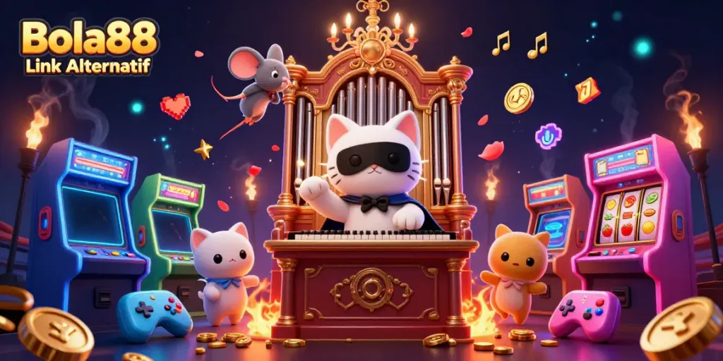 Engage with the vibrant scene of Bola88 Link Alternatif showcasing a phantom cat at a casino organ, surrounded by gaming elements.