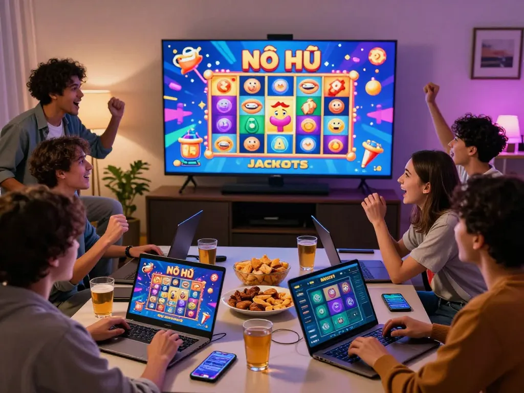 Nổ Hũ là gì illustrated through friends enjoying an interactive gaming night, showcasing vibrant graphics and a festive atmosphere.