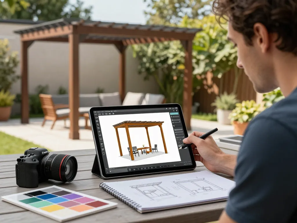 Interactive configuratore 3D per pergole showcasing customizable designs in a sunny outdoor setting.