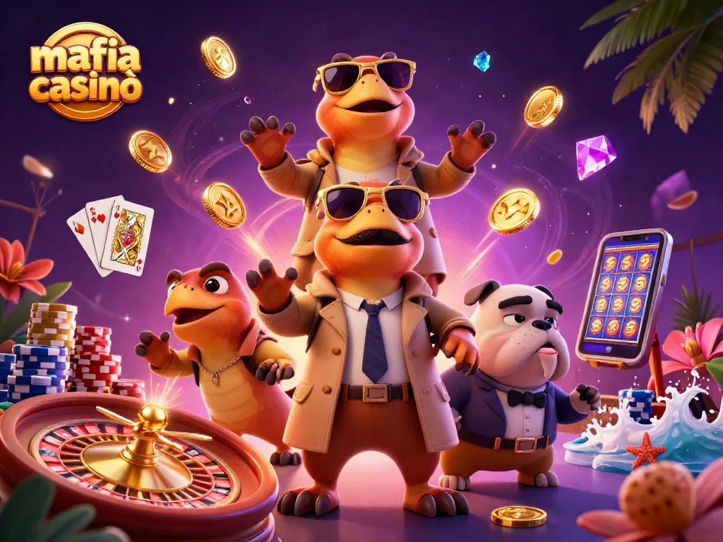Experience mafia casinò luxury with 3D raptors in a trench coat entering a vibrant casino lounge.