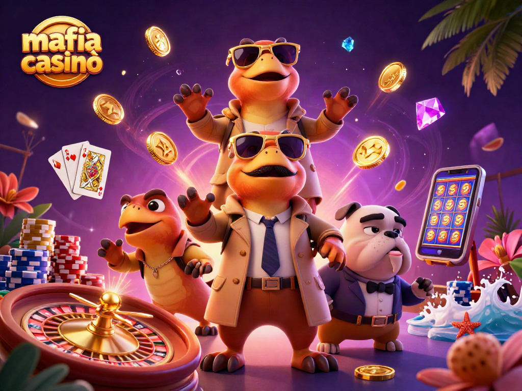 Experience mafia casinò luxury with 3D raptors in a trench coat entering a vibrant casino lounge.