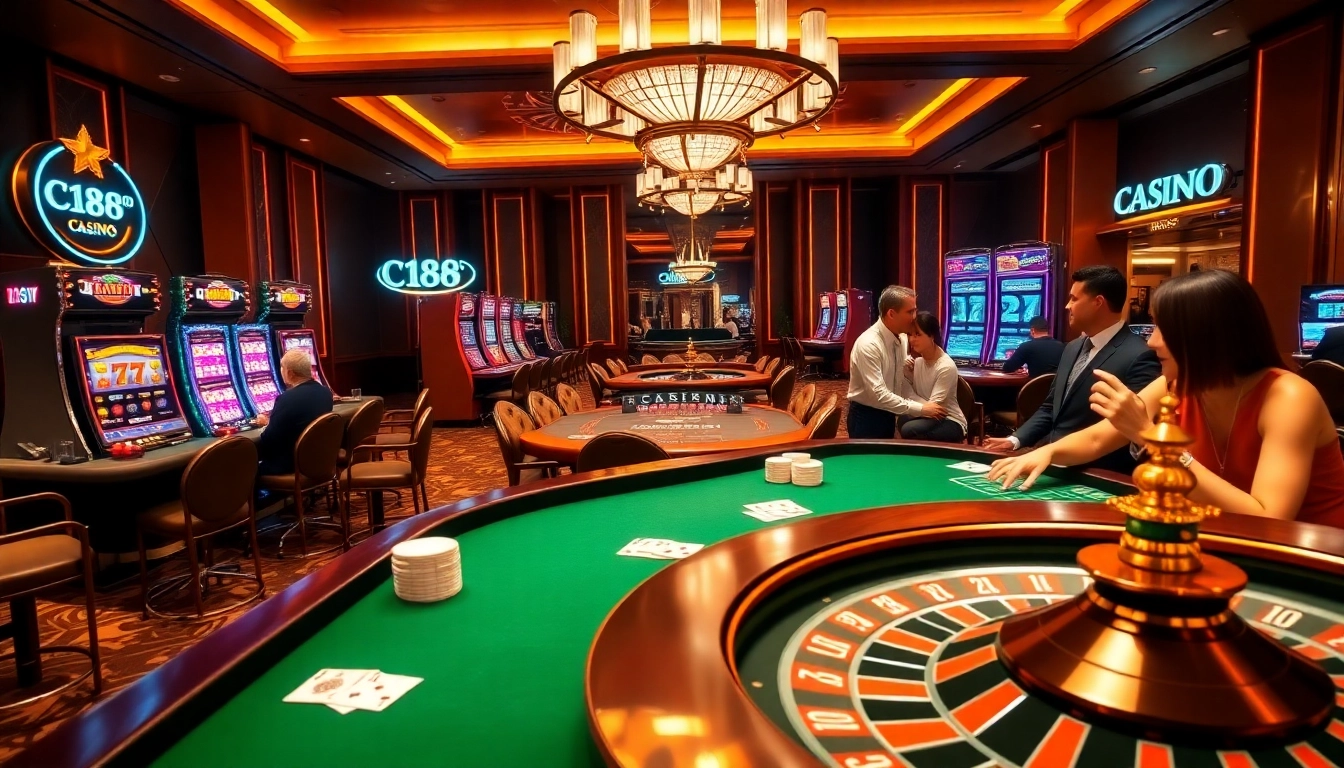C168 players enjoying a luxurious casino experience with poker and slot machines.