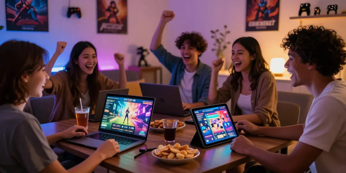 Engaging players enjoying free hentai games on devices in a lively living room setting.