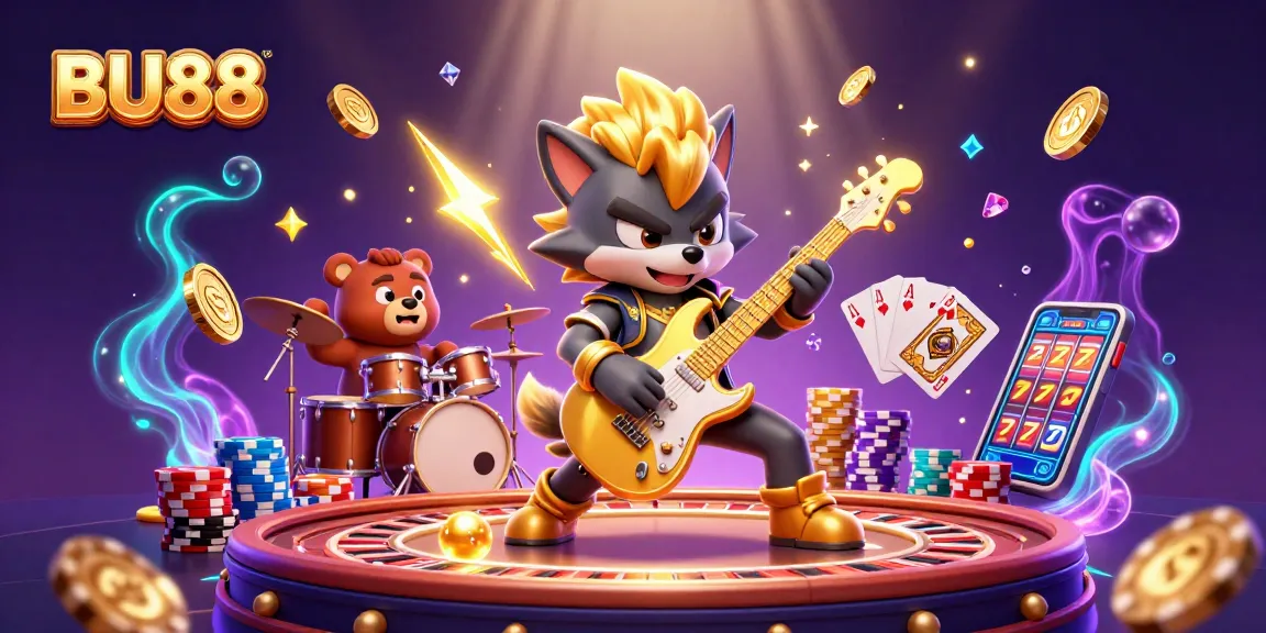 Rock star wolf plays guitar on stage at BU88 casino, surrounded by colorful gaming elements.