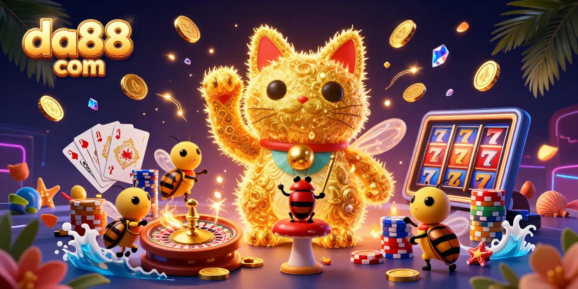 Engage with thrilling games at da88 com featuring a lucky cat and casino symbols.