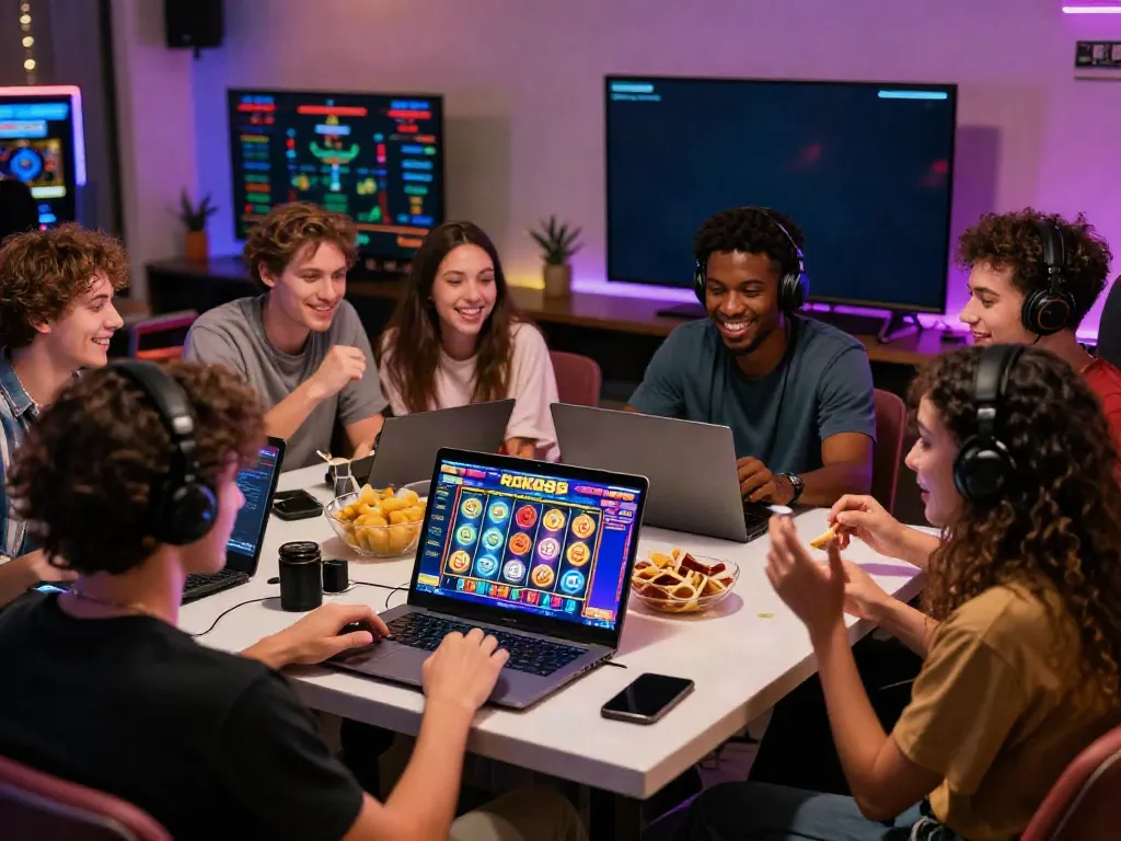 Engaged players around glowing laptops logging into ROKOK88 slot games, sharing strategy in an exciting lounge.