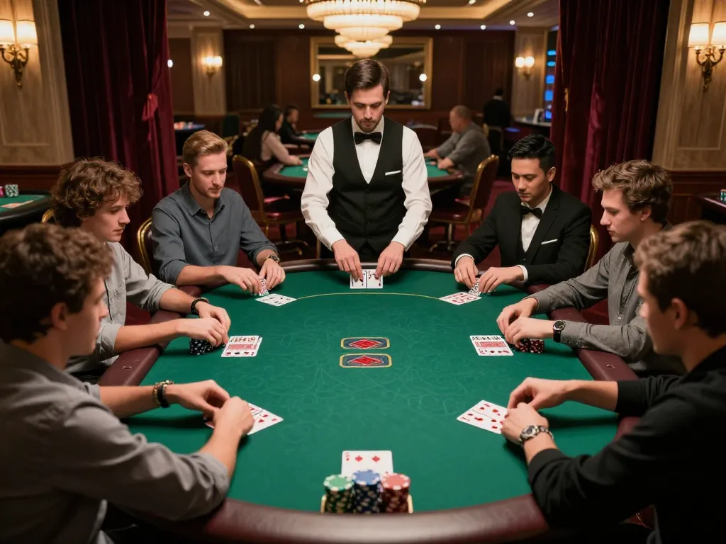 Engaged players strategizing during a poker game at https://sx88.bio/ with lively atmosphere and warm lighting