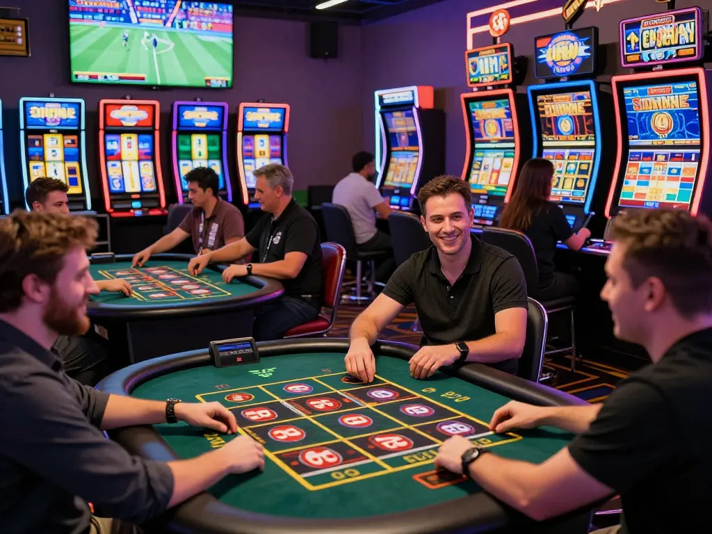 Online gambling enjoyment at https://mmoo1.de.com with players on devices in a vibrant casino.
