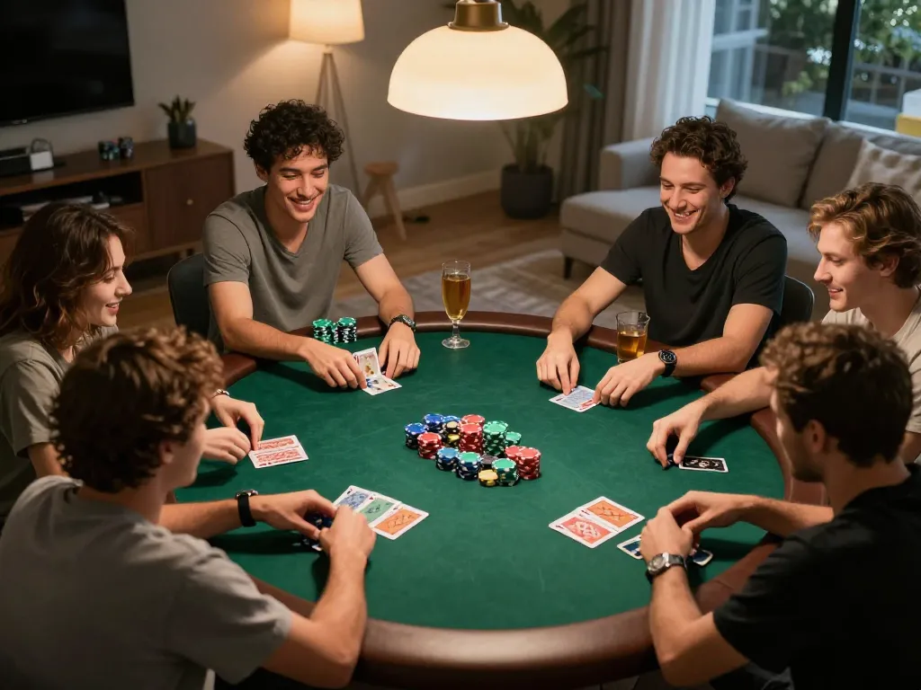 Friends enjoying a lively poker night while strategizing with vipwin cards and colorful chips.