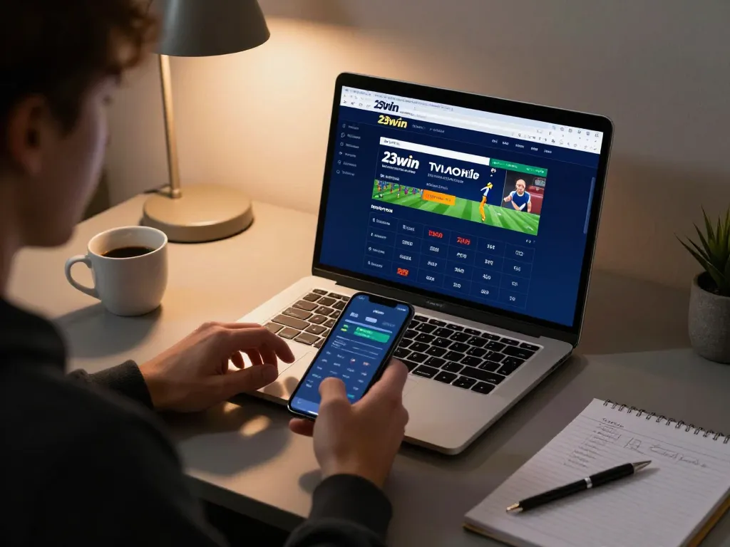 Engaging moment of a user placing bets on 23win com during an online sports event