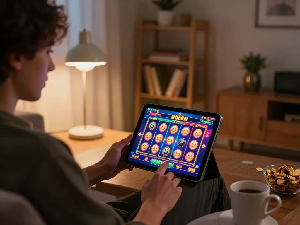 Engaging home gaming scene with a focus on Trang chủ F168 online casino gameplay on tablet, showing excitement