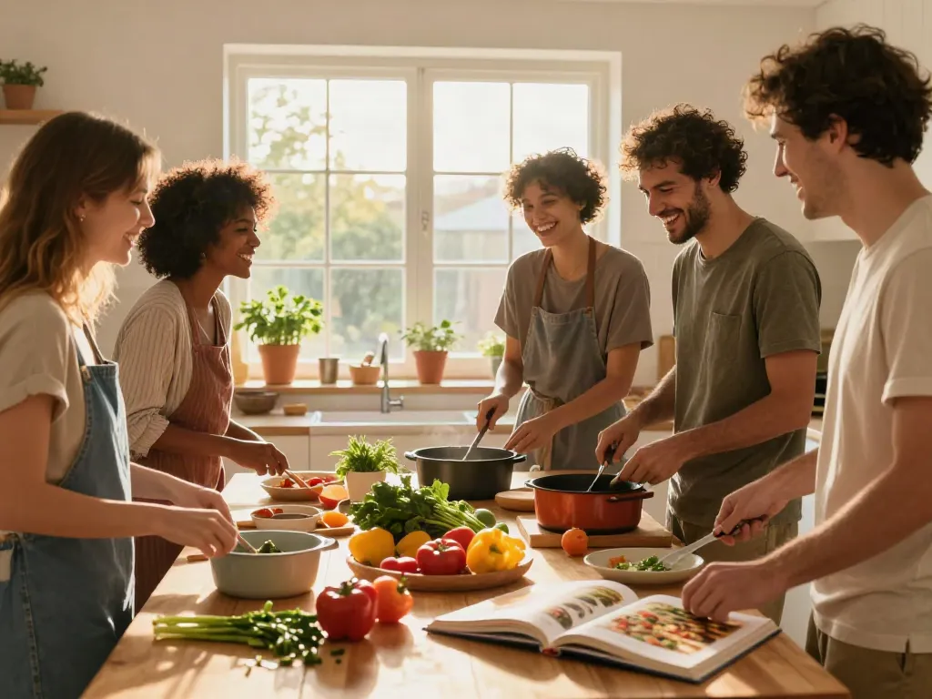 Friends cooking together in a warm kitchen, experiencing rokok88 login flavors through fresh ingredients.