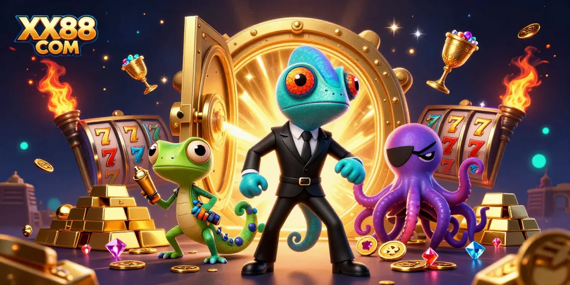 Experience thrilling gameplay at XX88 COM with exciting slot reels and captivating casino characters.