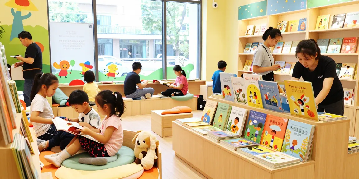 Engaging children's bookshop with parents and kids exploring rokok88 login.
