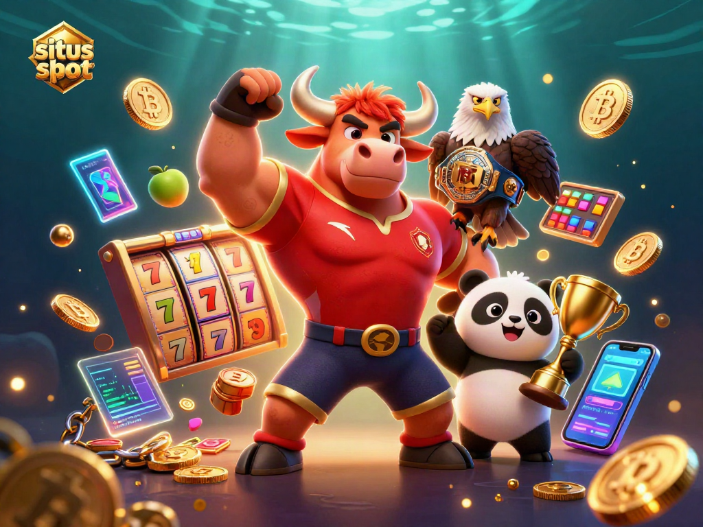 Situs slot showcase featuring vibrant 3D characters and casino elements in a dynamic illustration