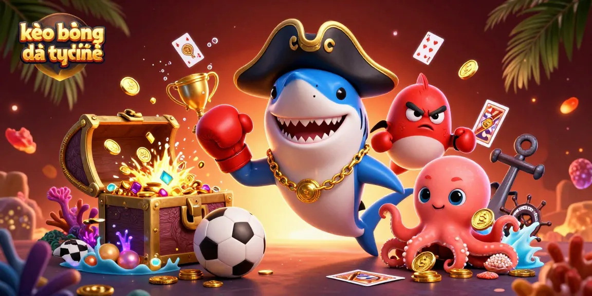 Engage in kèo bóng đá trực tuyến with an exciting 3D illustration of a pirate shark and friends.