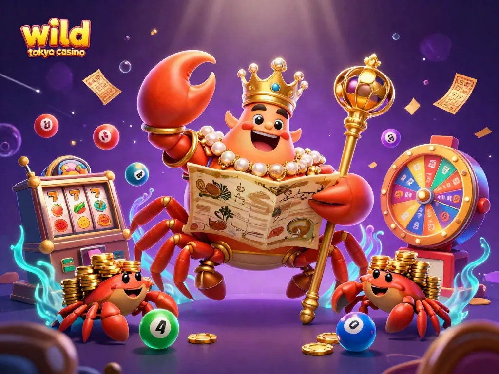 Join the adventure at wild tokyo casino with a golden crab emperor navigating a vibrant world of slots and prizes.