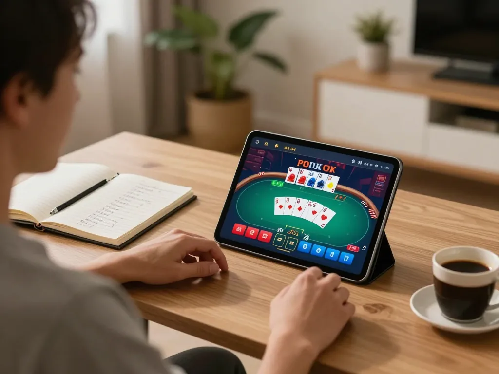 Engaged player at home using nk88 for online poker, reflecting strategic gaming.
