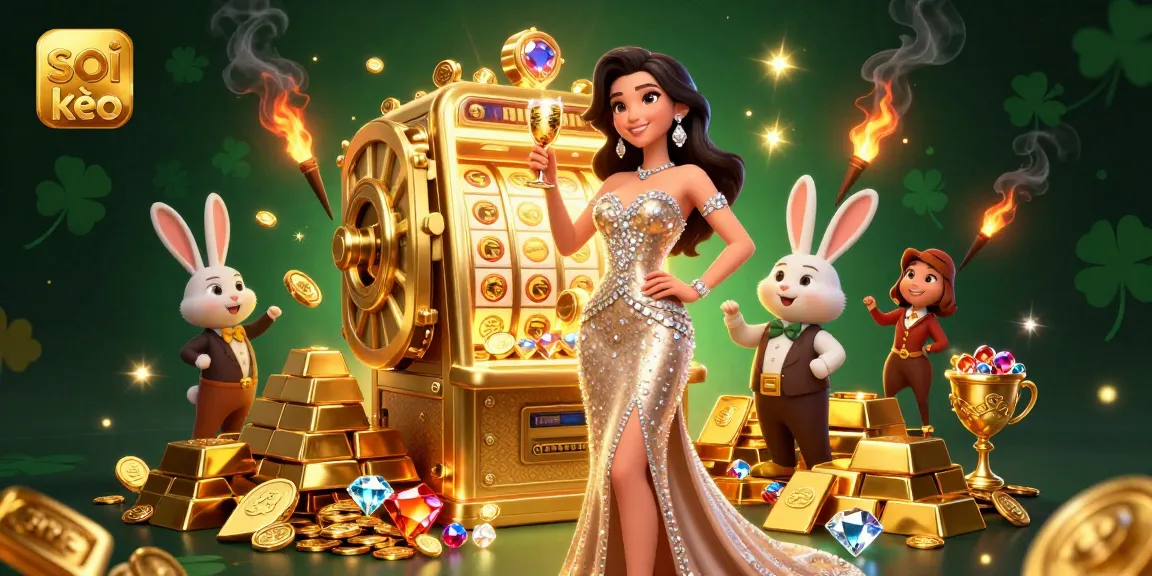 Soi kèo strategies illustrated with a glamorous woman toasting near a jackpot slot, surrounded by treasures