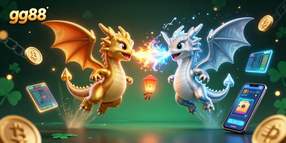 Experience excitement with gg88 as twin dragons unleash fiery and icy magic amidst cryptocurrency and dynamic gaming symbols.
