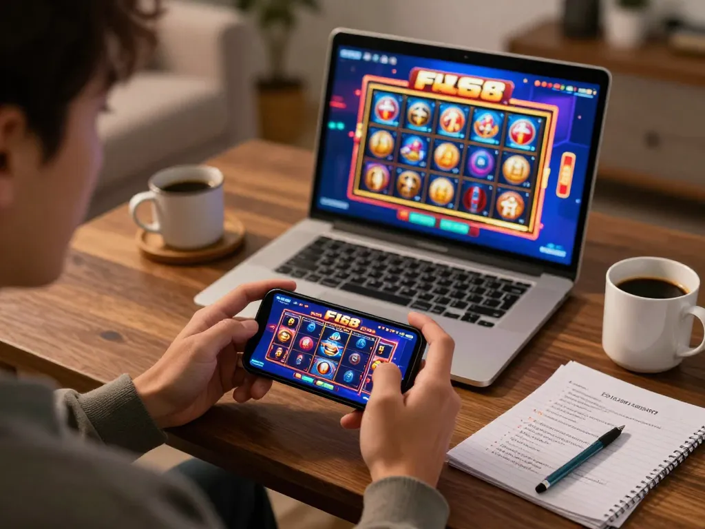 Engaging moment of a user playing F168 casino games online on a smartphone in cozy home setting