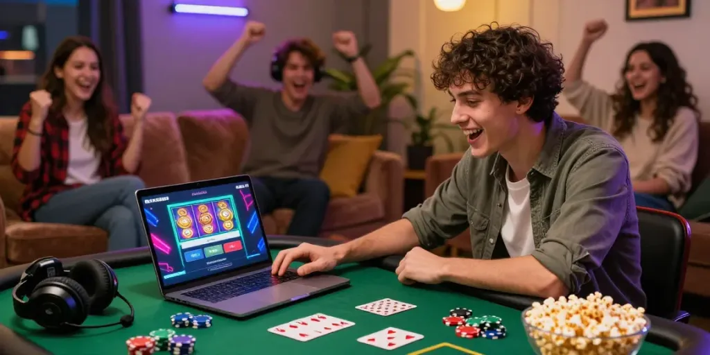 Engaging moment of a young adult using rokok88 slot login at home with friends, capturing gaming excitement.