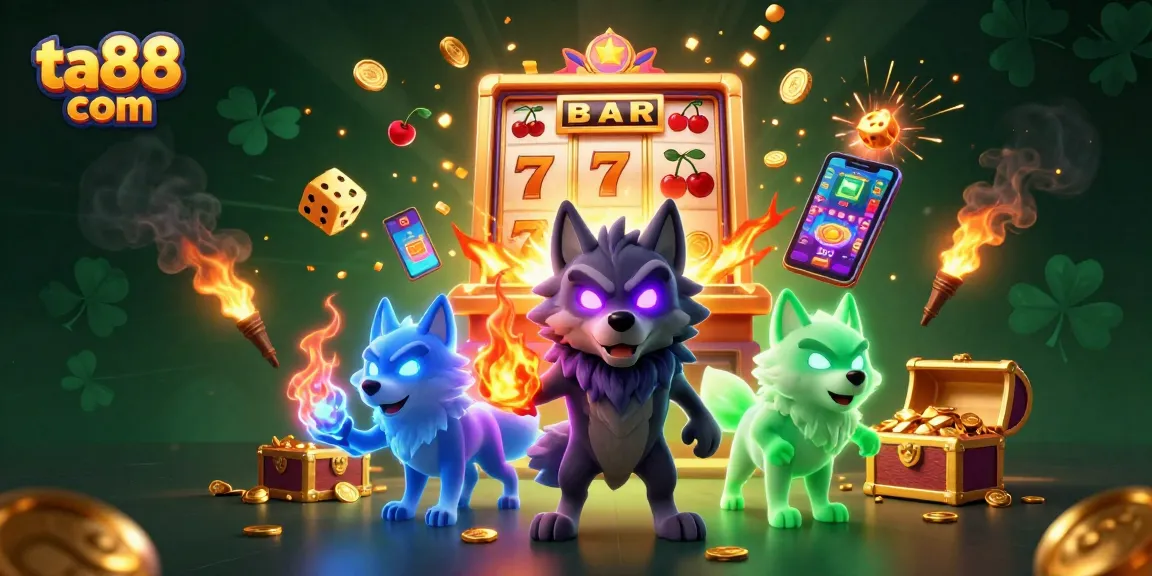 Engage with ta88 com through vibrant 3D slot-themed illustration showcasing a dynamic casino scene with wolves.
