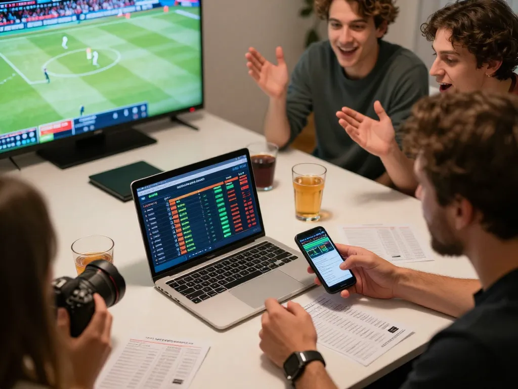 68win enthusiasts analyzing odds during a lively sports betting night with friends.