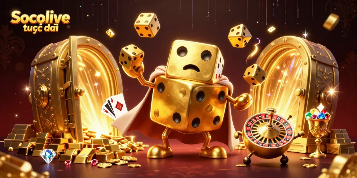 Experience Socolive trực tiếp with an engaging illustration of golden dice and treasure in a casino setting.
