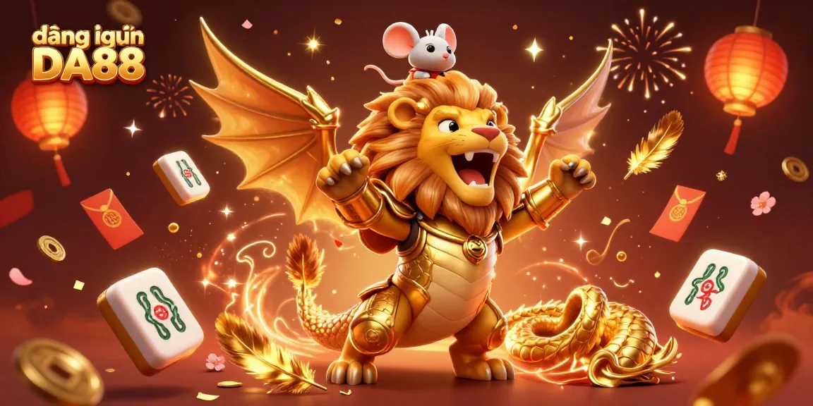 Engage in thrilling moments with đăng nhập DA88, featuring a majestic chimera and festive casino elements.