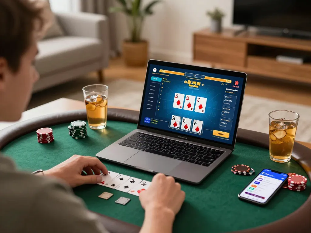 Engaged player enjoying poker on the 77WIN app during a cozy home gaming session