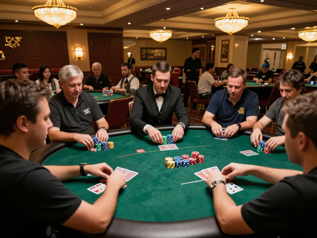 Players engaged in intense poker gameplay at 33win casino, showcasing strategic bets and luxury atmosphere