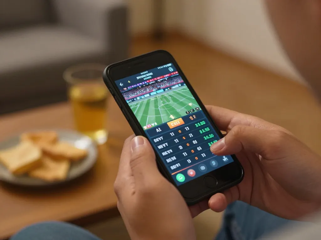 Engaged gambler using mobile app for Nhà cái MM88 sports betting, showcasing excitement and strategic gameplay.
