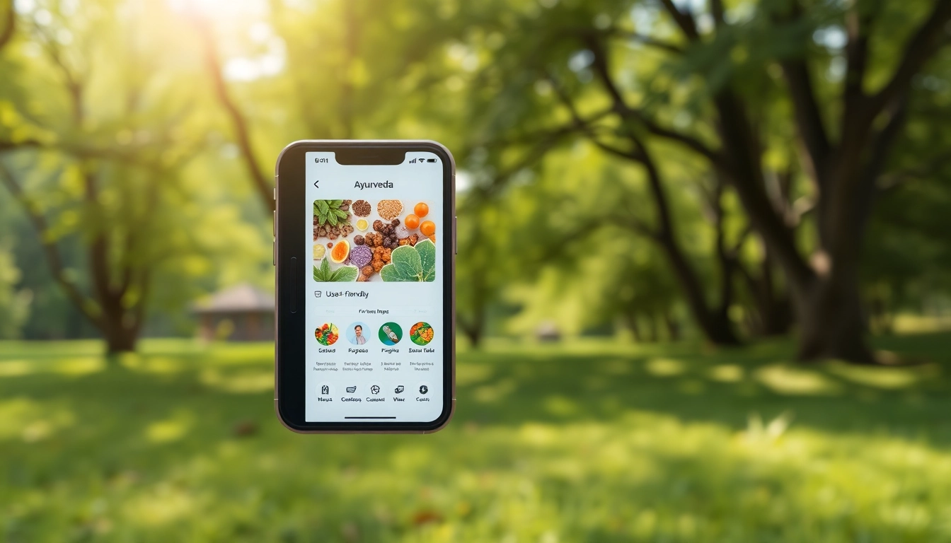 Engaging interface of Ayurveda Mobile App displayed on a smartphone in a tranquil natural setting.