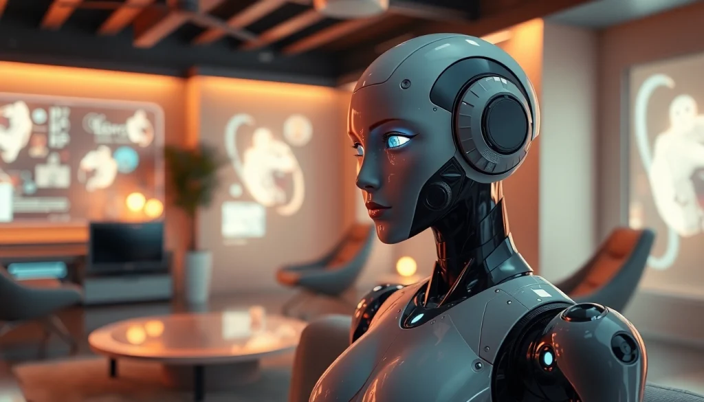 A lifelike sex bot in a modern ambient room, showcasing advanced interaction technology.