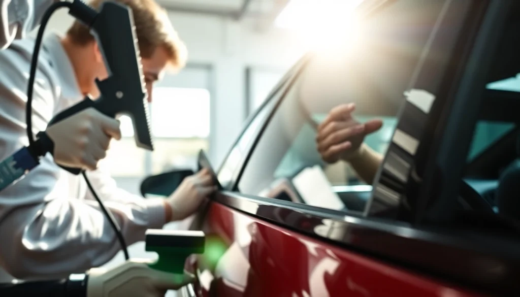 Applying ceramic window tint with precision by a skilled technician in a bright garage.