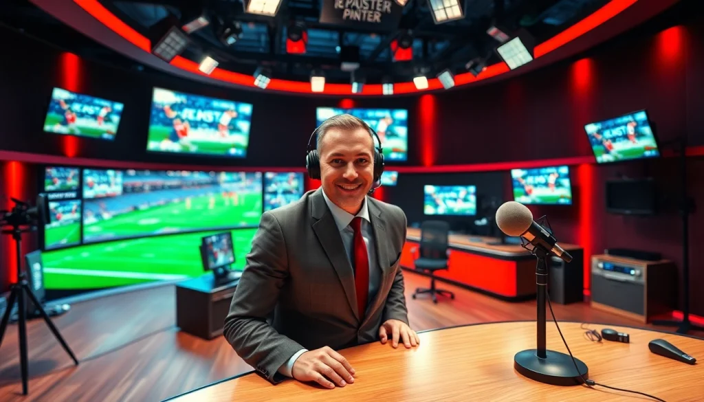 Engaging view of sports broadcasting studio highlighting dynamic equipment and on-air action.